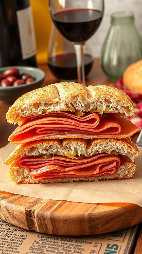 A Jamón Serrano sandwich on rustic bread, with slices of ham, tomatoes, and cheese, set on a wooden table with olives and wine.